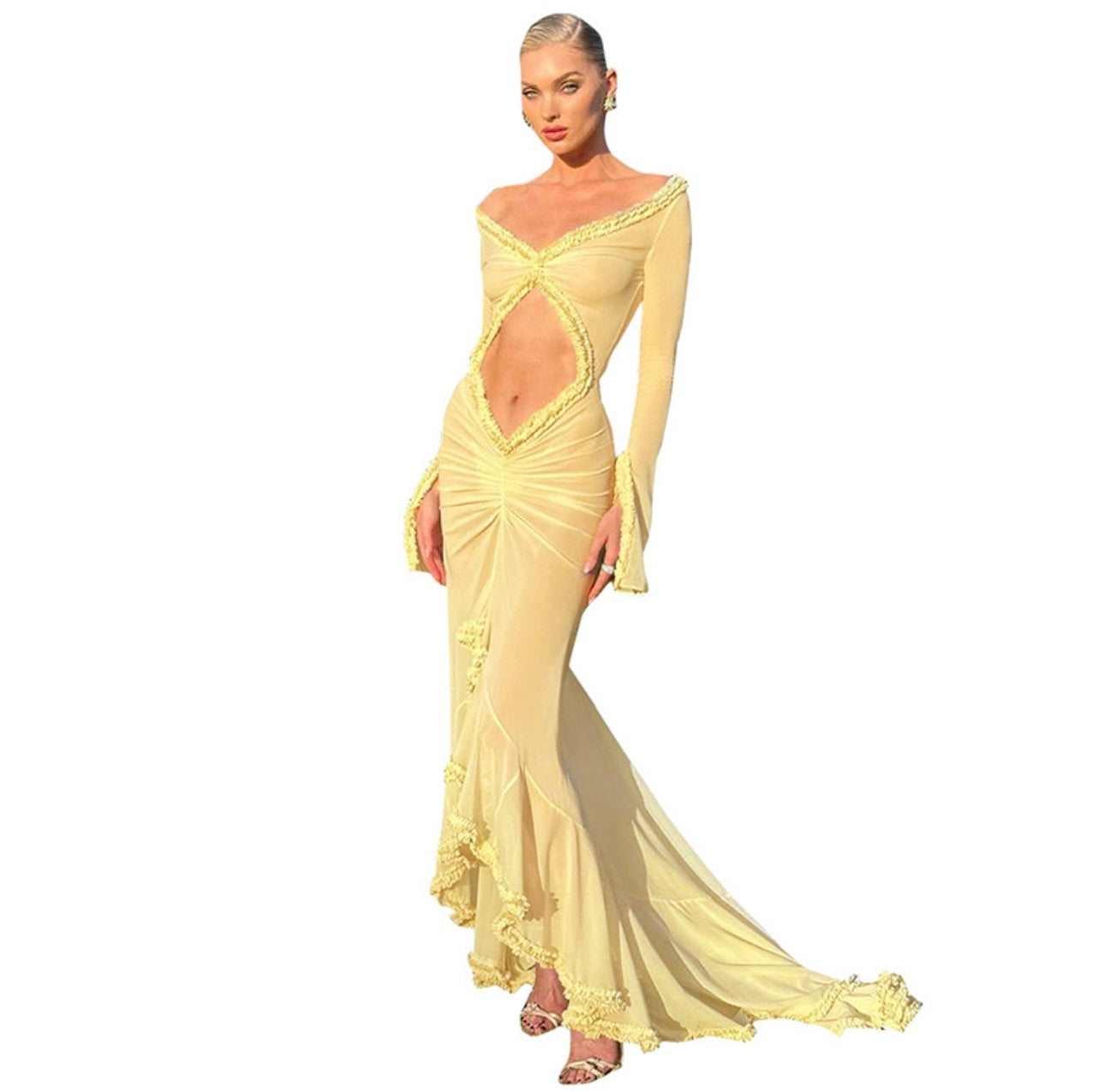 Golden Whisper long chiffon dress